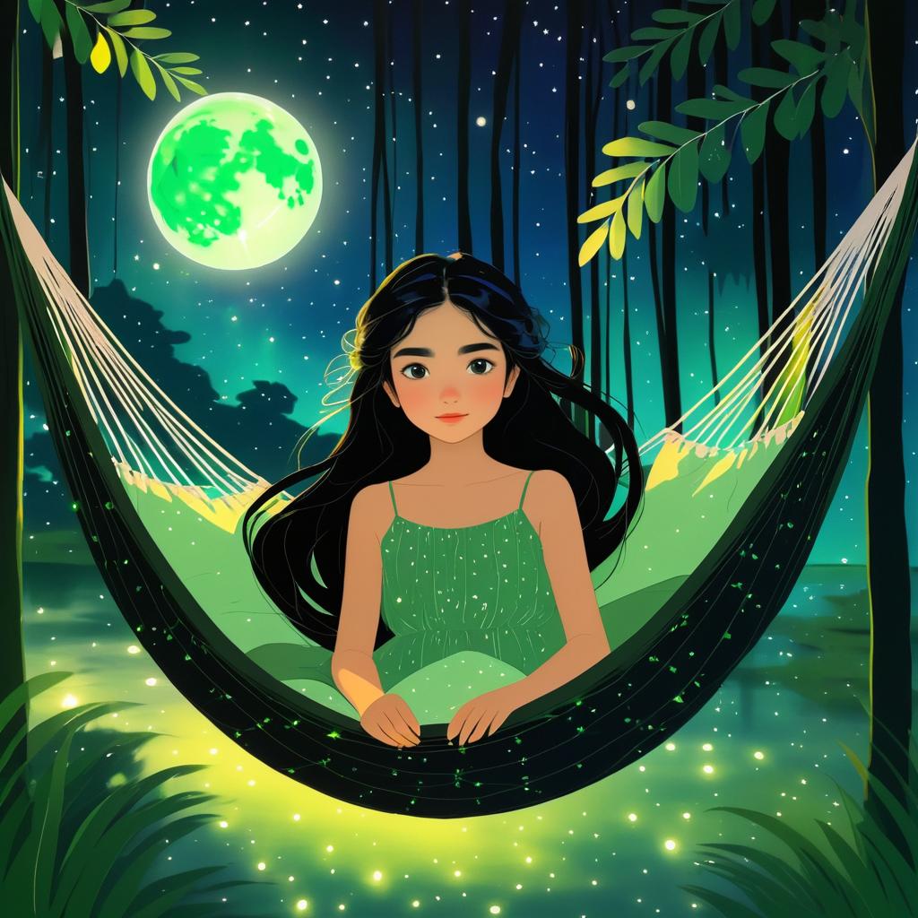 Dreamy Girl in Hammock Under Moonlight