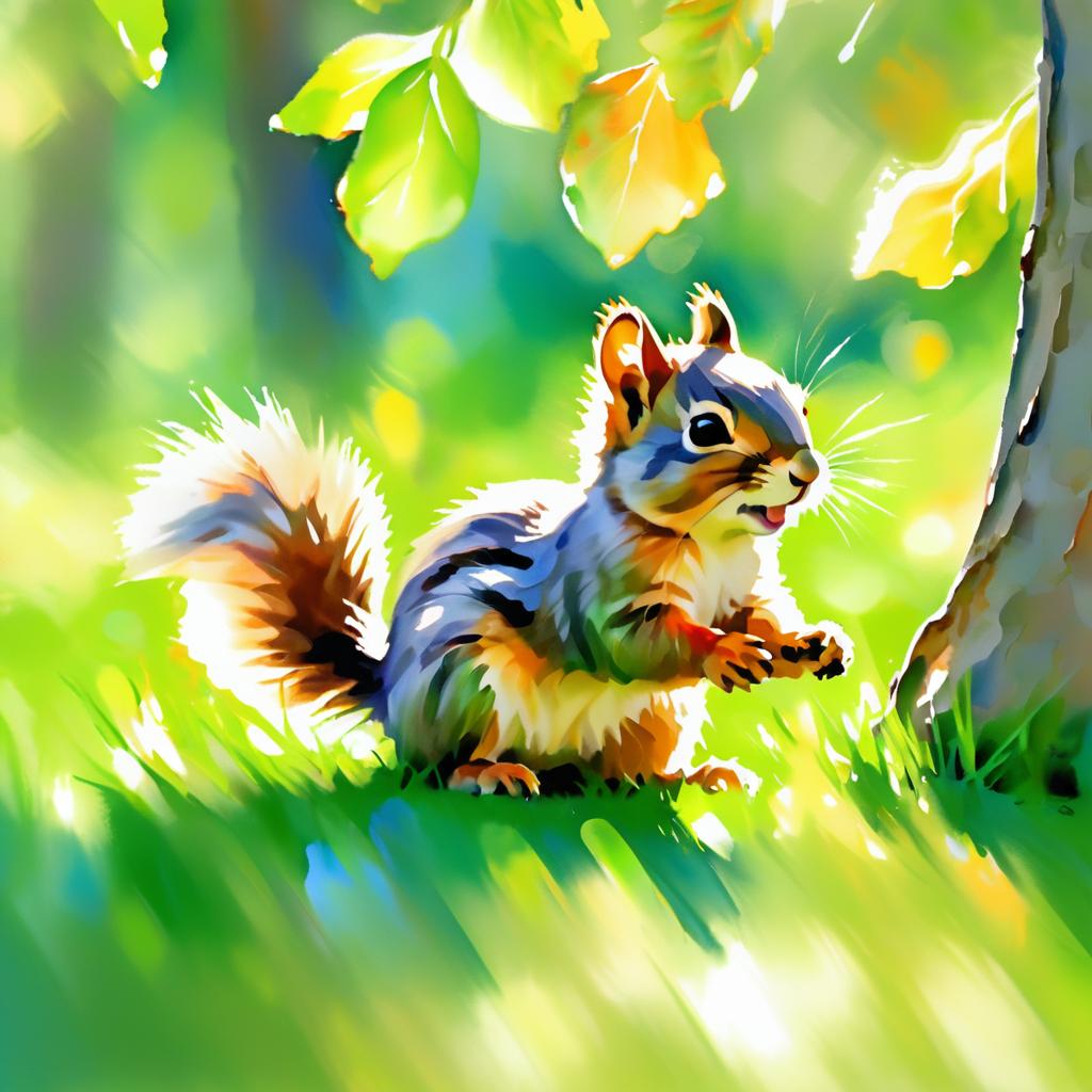 Impressionist Baby Squirrel in Orchard