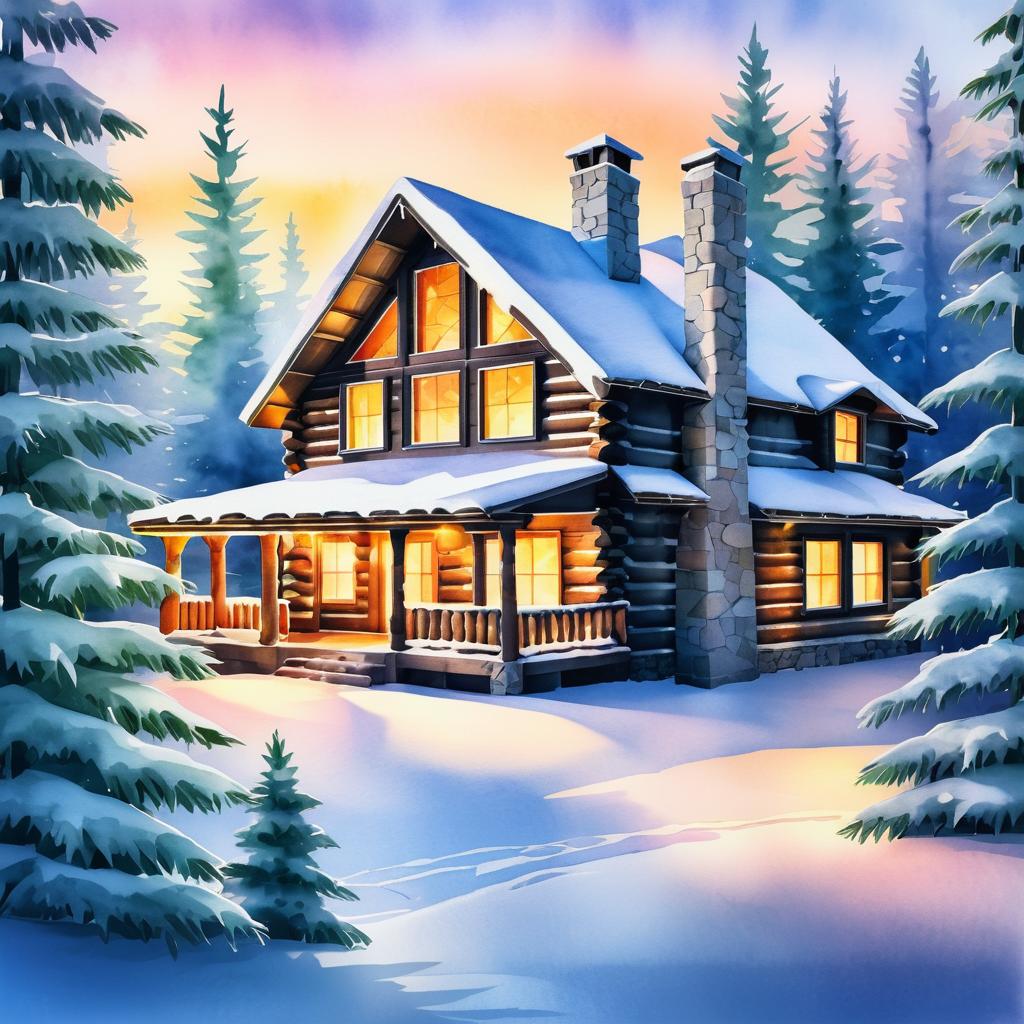 Cozy Snowy Cabin in Winter Twilight