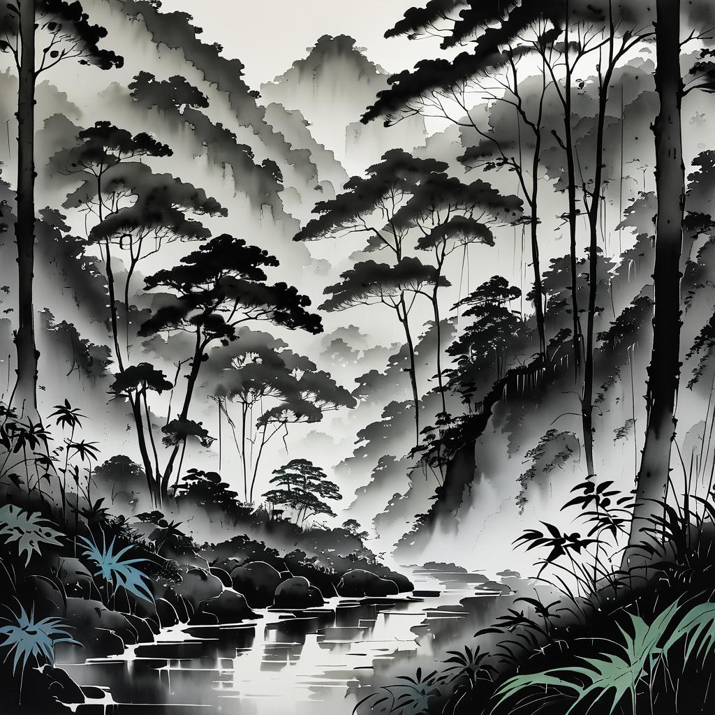 Mist-Blanketed Jungle in Ink Wash Style