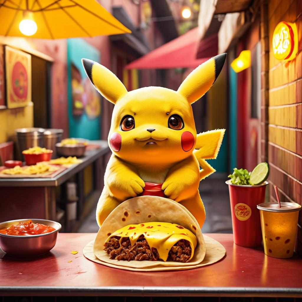 Pikachu Enjoying Tacos in a Alley