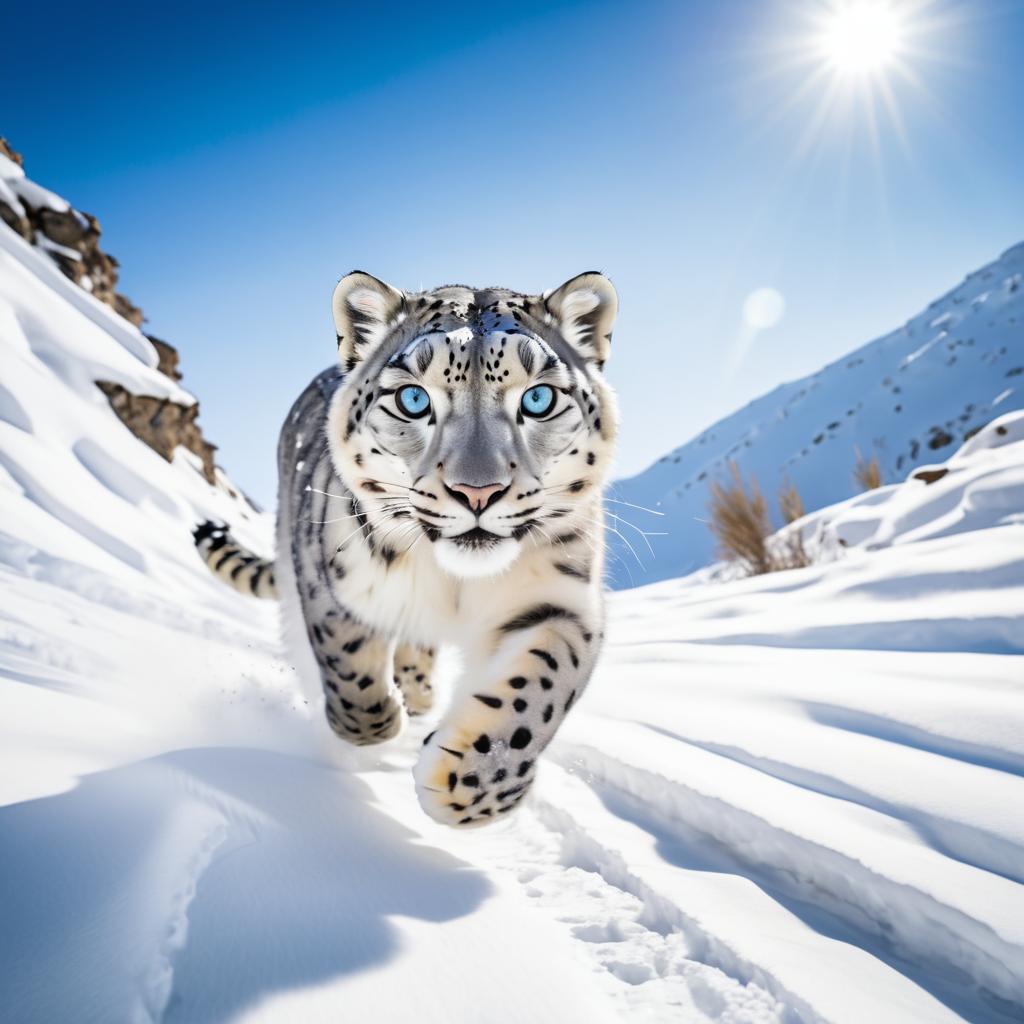 Dynamic Snow Leopard in Snowy Mountains