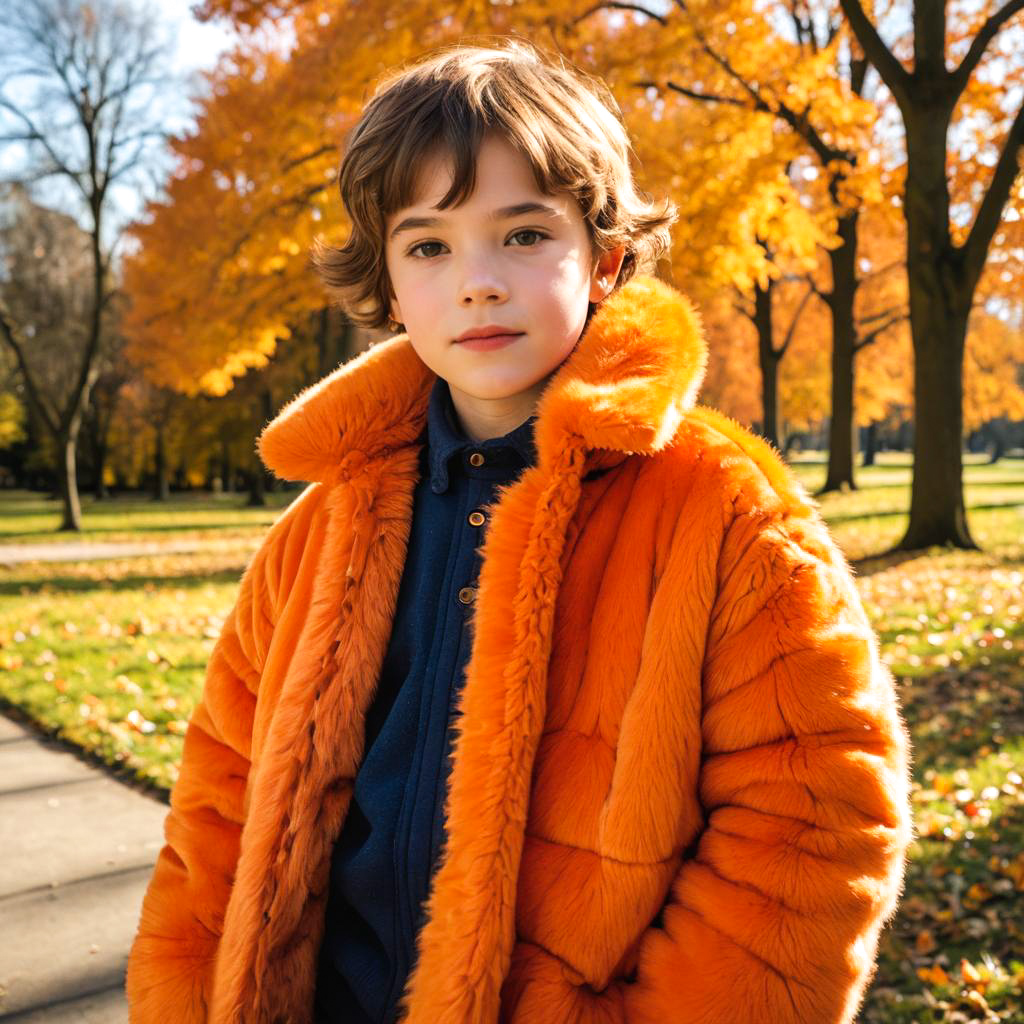 Vibrant Boy in Orange Faux Fur Coat