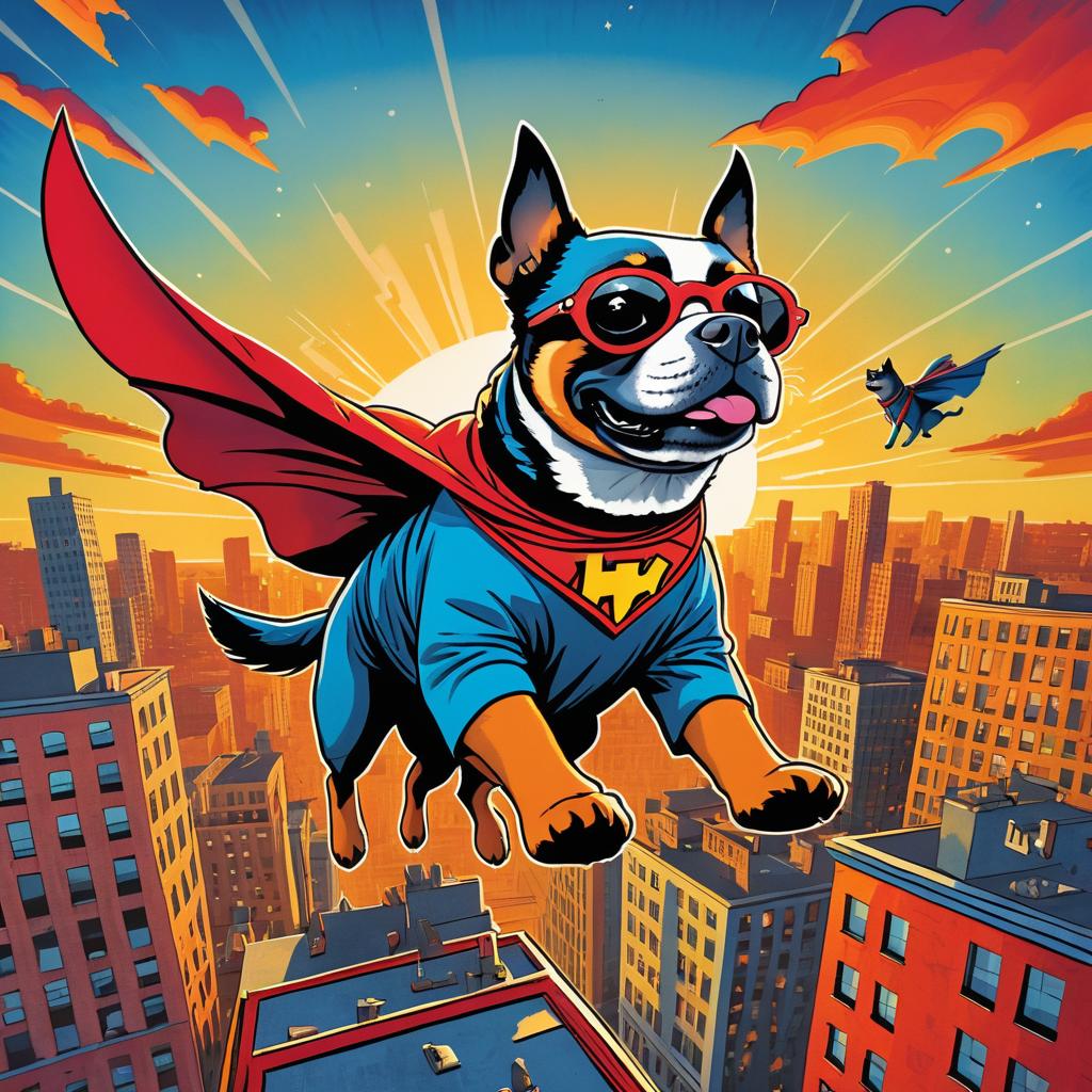 Whimsical Dog Superhero in Sunset Cityscape