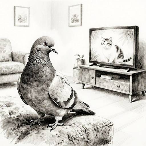 Contented Dove Watching Cat on TV