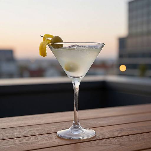 Photograph of a martini glass with a lemon slice and olive garnish, filled with a clear, icy drink, on a wooden table at sunset