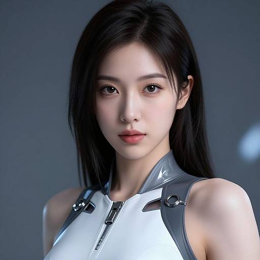 Photorealistic CGI portrait of an East Asian woman with long black hair, wearing a white and gray futuristic sleeveless top, against a blue-gray background