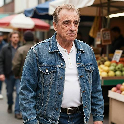 Photograph of middle-aged man with receding hairline, wearing denim jacket over white shirt, standing in bustling outdoor market. Blurred background with colorful