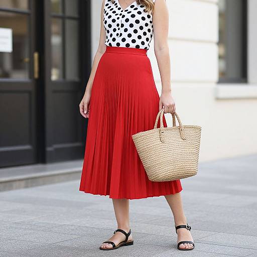 Photograph of a woman in a white polka dot top, red pleated skirt, black sandals, and woven handbag, standing on a city