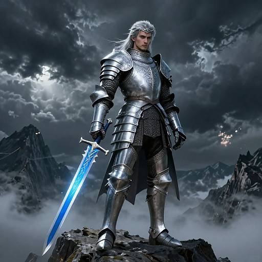 Digital artwork of a silver-haired, muscular knight in shining armor, holding a glowing blue sword, standing on a rocky mountain peak under a stormy,