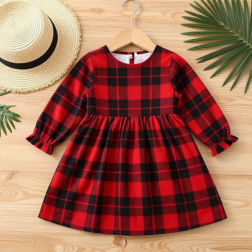 Photograph of a red and black plaid child's dress on a wooden hanger, with a straw hat and green palm leaves in the background.
