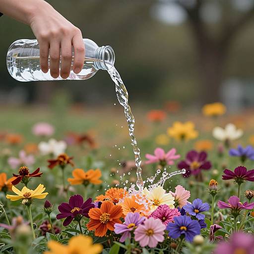 Photograph of a hand pouring clear water from a glass bottle onto a vibrant field of colorful blooming flowers, including orange, purple, pink, and
