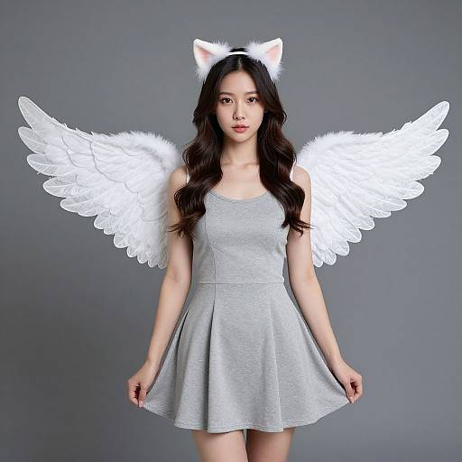 Photograph of an Asian woman with long black hair, wearing a gray sleeveless dress, white feather wings, and white cat ears, standing against a