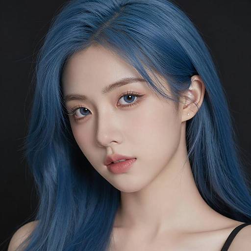 Photorealistic digital portrait of an East Asian woman with long, vibrant blue hair, fair skin, and piercing blue eyes, against a black background.