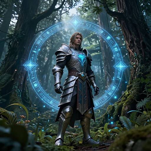 Digital artwork of a blond knight in ornate, glowing blue-embellished armor standing in a misty, enchanted forest with a magical blue circular