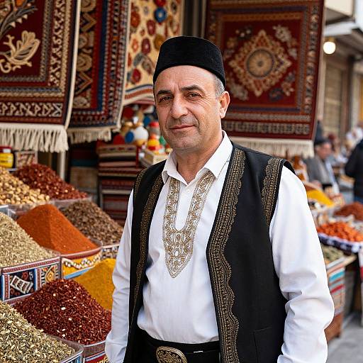Middle-aged man in black vest, white shirt, and black cap, standing at a colorful spice market with ornate rugs in background. Photograph.