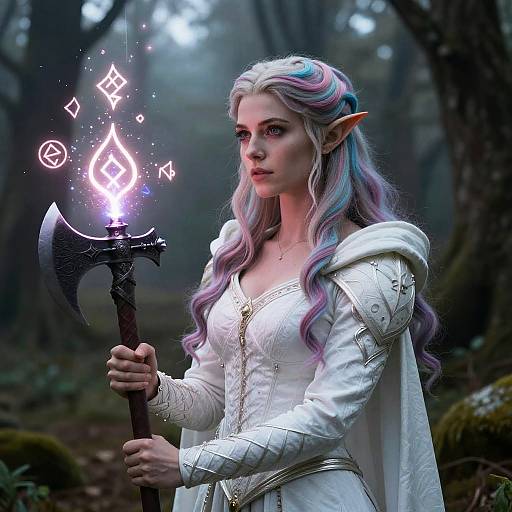 Elvish Mage Woman Casting Spell with Glowing Axe