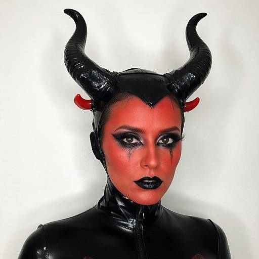 Photograph of a woman with striking red face paint, black horned headpiece, black latex outfit, and dark lipstick, against a plain white background