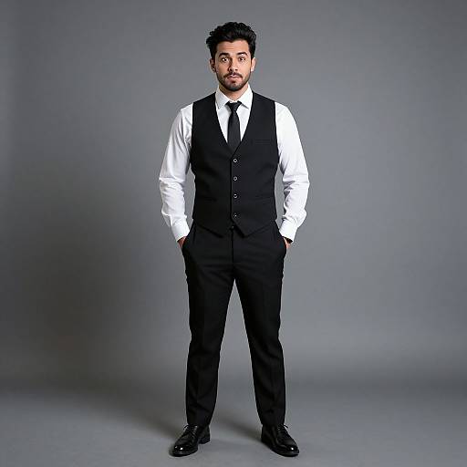 Photograph of a bearded man with dark hair, wearing a white shirt, black vest, black tie, and black pants, standing against a gray