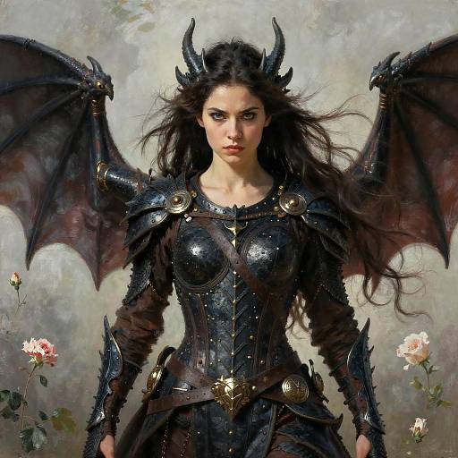 Digital painting of a fierce, dark-haired female demon with black wings, armor, and horns, standing amidst roses, with a mystical background.