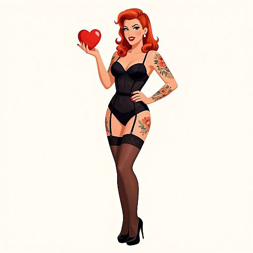 Digital illustration of a red-haired woman in black lingerie, garter belt, and stockings, holding a red heart, with tattoos on her arm and thigh