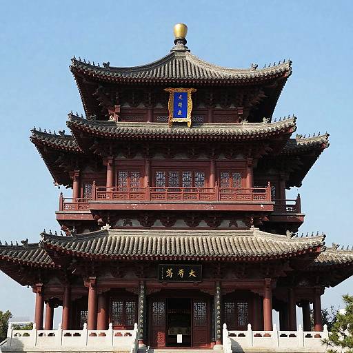 Photograph of a traditional Chinese pagoda with red wooden walls, black tiled roofs, and a gold ball finial, under a clear blue sky.