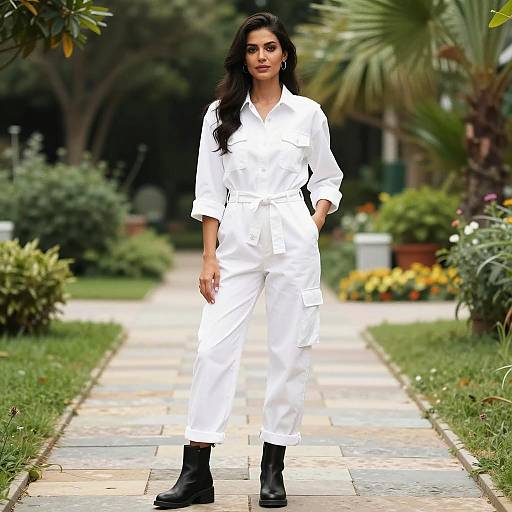 Woman in White Jumpsuit on Garden Pathway