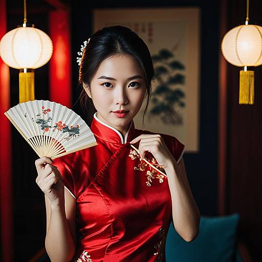 8K Portrait: Red Cheongsam with Fan