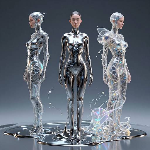 Photorealistic CGI of three futuristic, silver and black humanoid robots standing in a dark gradient background, with wireframe and liquid-like textures.