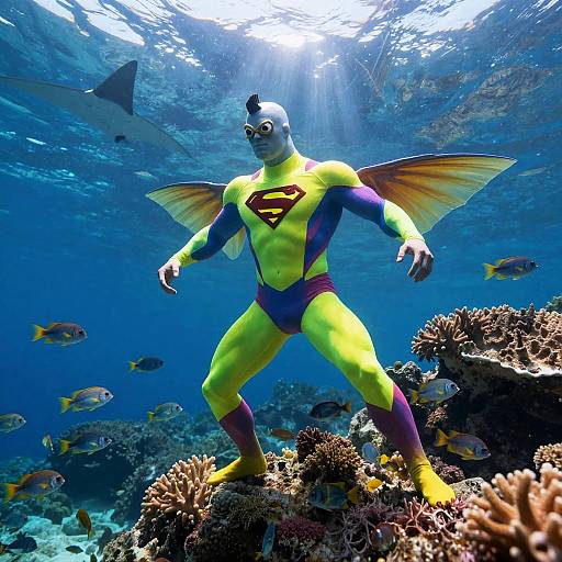 Photograph of an underwater scene featuring a muscular, yellow and purple Superboy-like character with fish wings, standing on coral, surrounded by colorful fish and