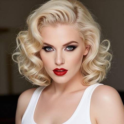 Photograph of a blonde woman with curled hair, blue eyes, bold red lipstick, and white tank top, against a dark background.
