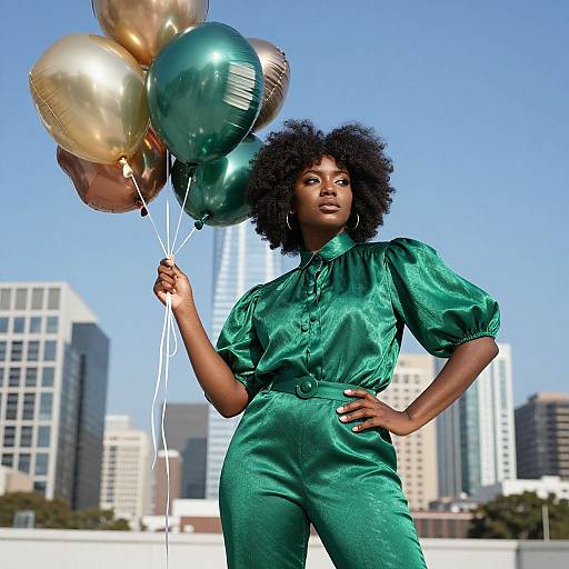 Photograph of a confident Black woman with natural afro, wearing a green satin jumpsuit, holding metallic balloons, against a cityscape background.