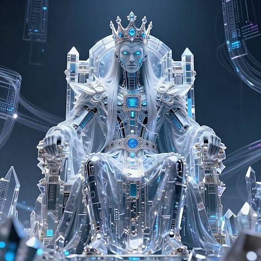 Photorealistic CGI of a glowing, cyborg queen with a crown, seated on a crystal throne, surrounded by blue luminescent crystals.