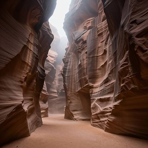 Photograph of a narrow, winding slot canyon with smooth, undulating, reddish-brown sandstone walls and a sandy floor, bathed in