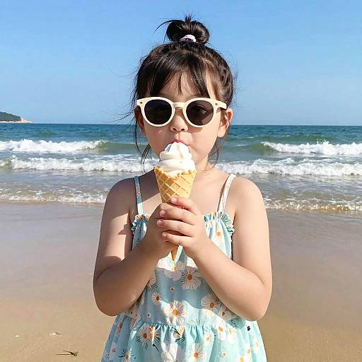 Photograph of an Asian girl with black hair in a bun, wearing white sunglasses and a floral dress, eating a ice cream cone on a sunny beach