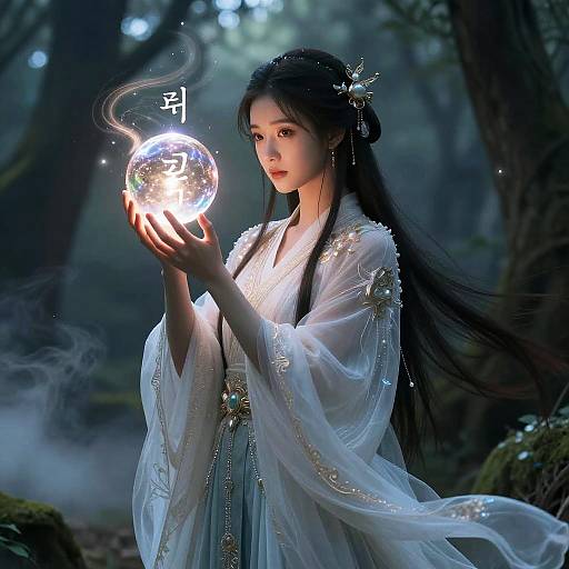 Digital artwork of an ethereal Asian woman with long black hair, wearing a white, ornate robe, holding a glowing, orb-like magic sphere in