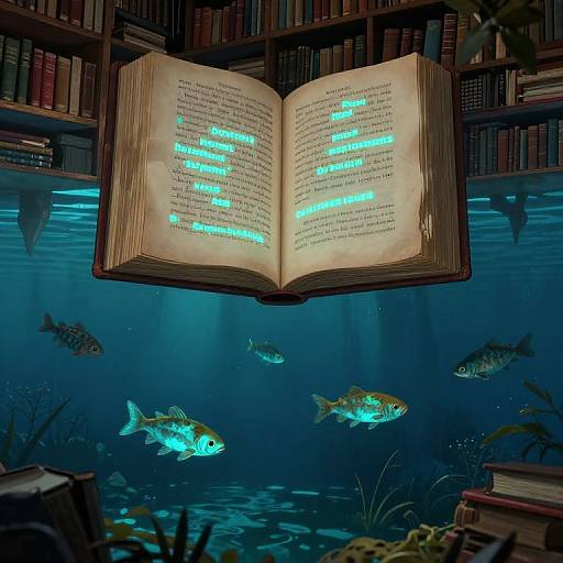 Digital illustration of an open book with glowing teal text, floating underwater amidst blue fish and bookshelves in the background.
