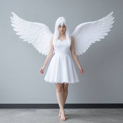Photograph of a white-haired woman with large, glowing white angel wings, wearing a white dress, standing barefoot in a gray room.