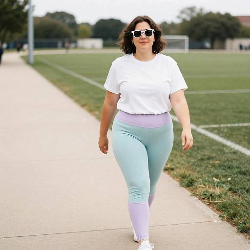 Curvy Woman Walking by Soccer Field in Pastel Athletic Wear