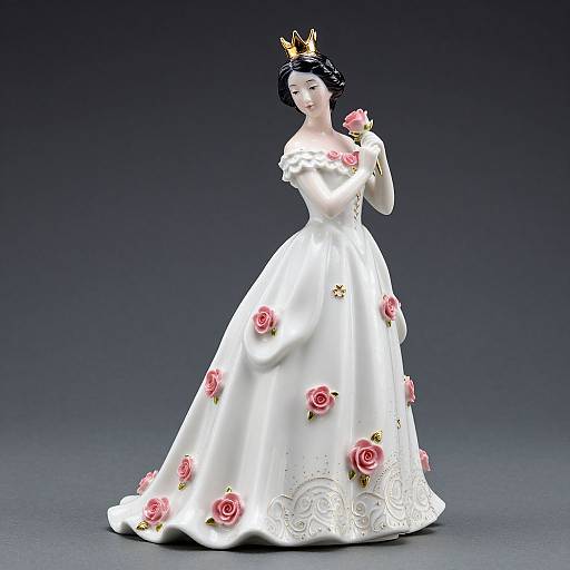 Photograph of a porcelain doll in a white, full-skirted gown adorned with pink roses, wearing a gold crown, standing against a dark gradient