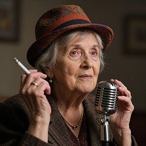 Photograph of an elderly white woman with gray hair, wearing a plaid hat and brown jacket, smoking a cigarette while holding a vintage microphone, with