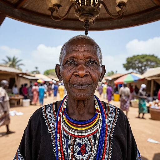 Photograph of an elderly African woman with dark skin, wearing colorful bead necklaces and traditional black dress, standing in a bustling outdoor market under a that