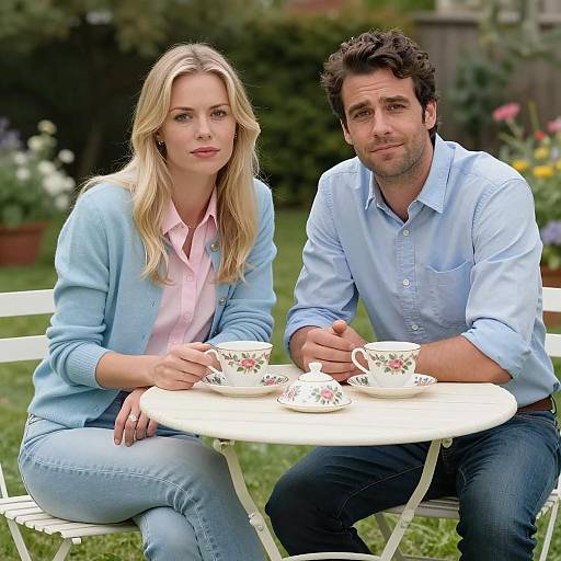 Couple in Garden with Teacups