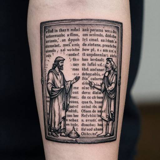 Black ink tattoo on pale skin depicting two robed figures in an illustration-style frame, surrounded by Latin text.