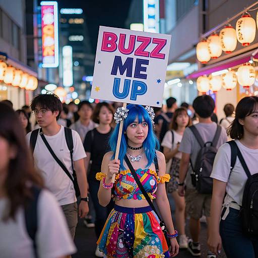 Photograph of a blue-haired woman in colorful outfit holding 