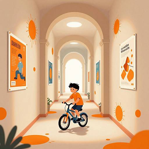 Digital illustration of a young boy in an orange shirt riding a bike through a sunlit, arched hallway with orange splatters, posters on the walls