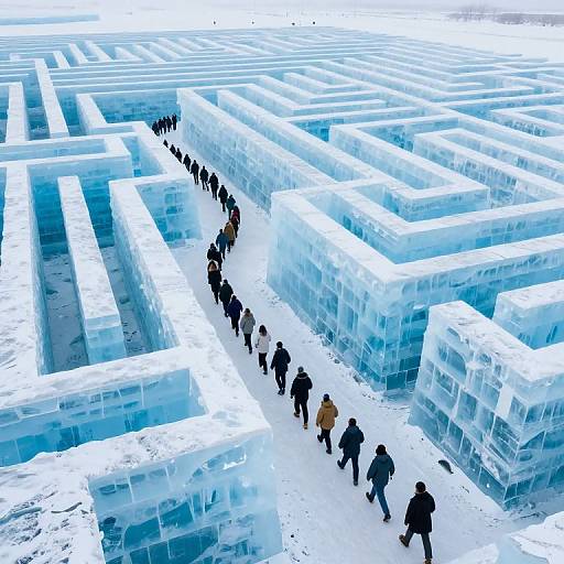 Photograph of a group of people walking through a massive, intricate, blue-tinted ice maze, with bright white snow covering the ground and ice