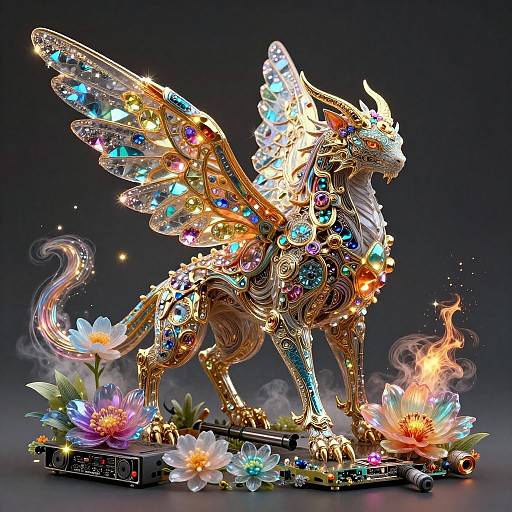 Photorealistic digital artwork of a golden, ornate, winged dragon adorned with glowing multicolored stars and flowers, standing on a base with