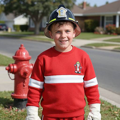 Photograph of a smiling young boy in a red firefighter sweater, white stripes, gloves, and helmet, standing in front of a red fire hydrant