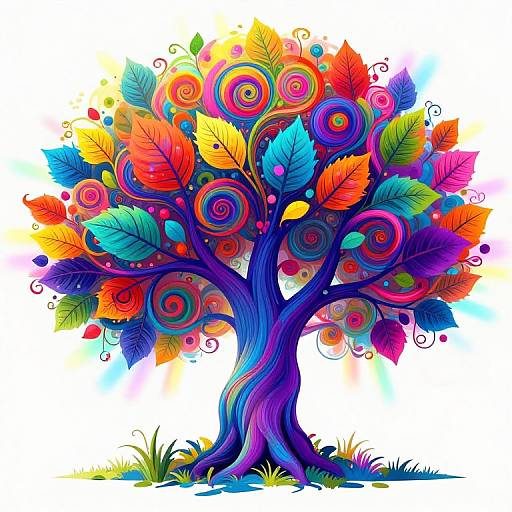 Vibrant digital illustration of a colorful, abstract tree with swirling patterns, vivid leaves in red, orange, blue, green, and pink, and